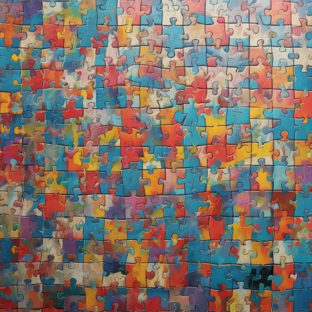 A complex jigsaw puzzle illustrating the transformation of a pool of debt into various tranches, symbolizing CLO creation, with underlying risks and rewards