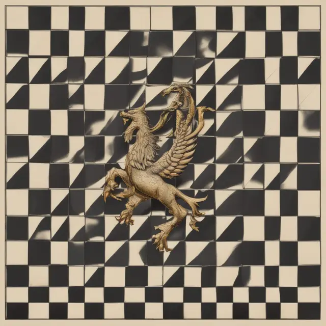 A mezzanine bull representing debt tranches and a phoenix symbolizing equity tranches on a CLO chessboard, illustrating the balancing act between risks and rewards.