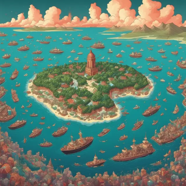 Island representing a closed economy surrounded by ships representing open economies, illustrating the trend toward globalization