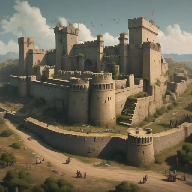 A closed economy represented as a fortified stronghold with thriving domestic industries within its walls