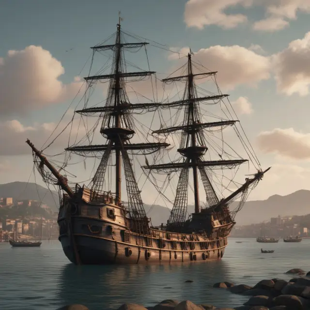 An image of a galleon ship anchored in an isolated harbor behind barbed wire borders, representing the challenges of closed economies