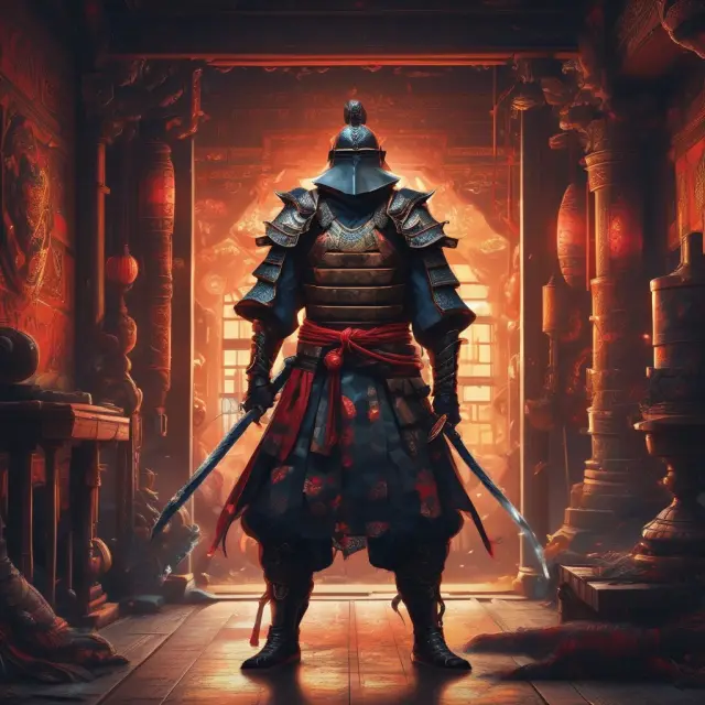 A samurai guarding Japanese industries from foreign imports in a vibrant, international market scene
