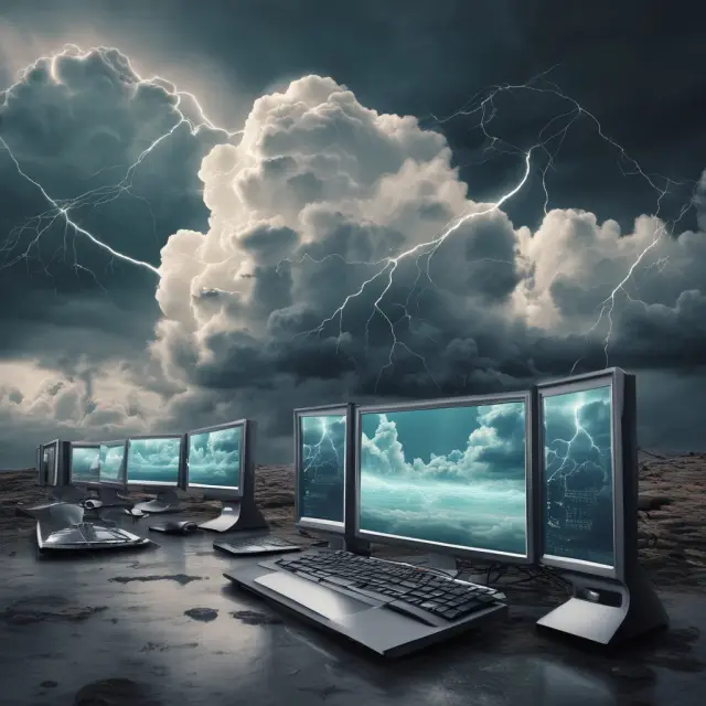 Storm clouds ominously hovering over an interconnected landscape of computers, representing the potential risks and challenges associated with cloud computing