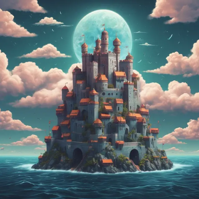 Fortress protecting sensitive data in a tranquil digital sea. Cloud Security: Castle, Digital Ocean