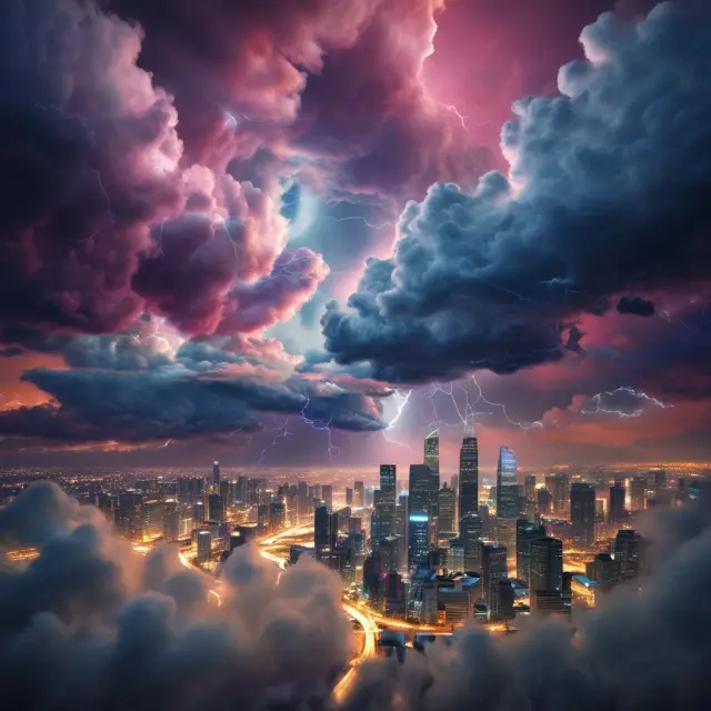A stormy sky giving way to a colorful landscape featuring interconnected clouds representing diverse cloud platforms, symbolizing the challenges and future trends in cloud computing