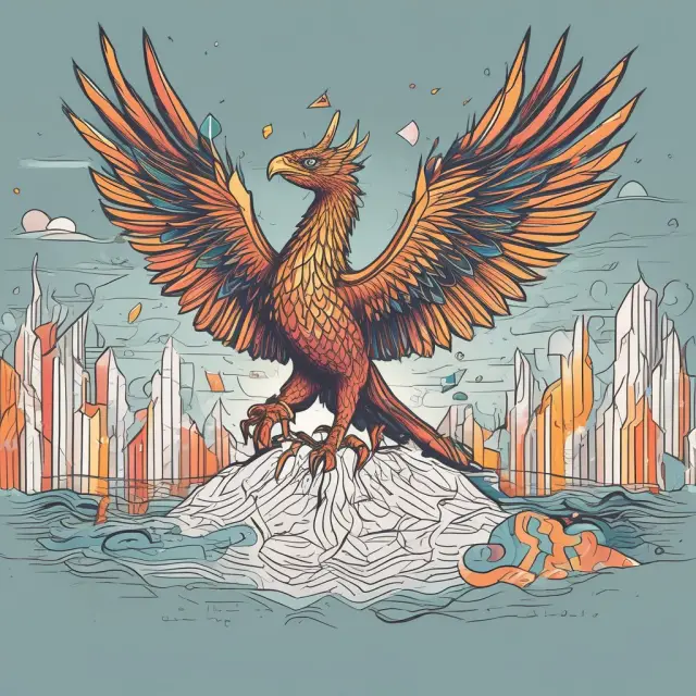 A mythical phoenix emerging from a sea of financial data, illustrating the journey to becoming a Certified Management Accountant