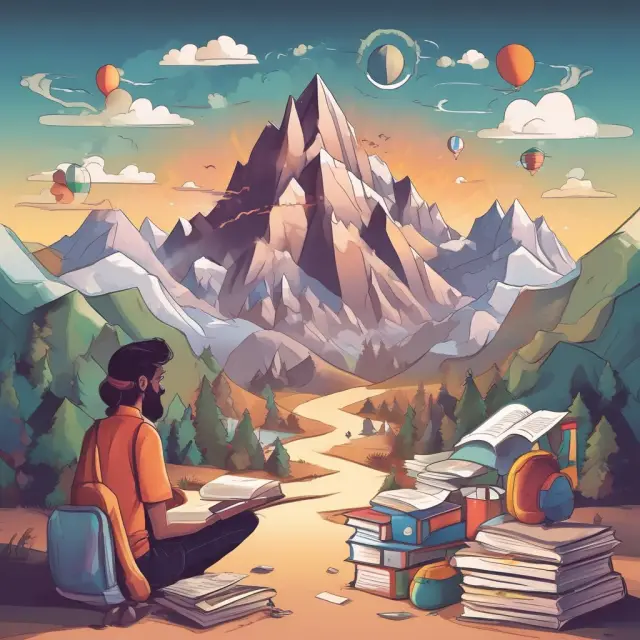A mountain climber with study materials ascending a towering peak symbolizing CMA exam preparation, including a study plan, recommended books, and a personalized timeline for success.