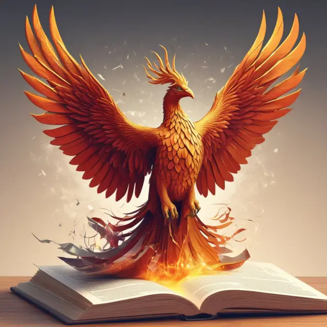 A mythical phoenix emerges from financial reports and textbooks, representing the metamorphosis into a Certified Management Accountant.