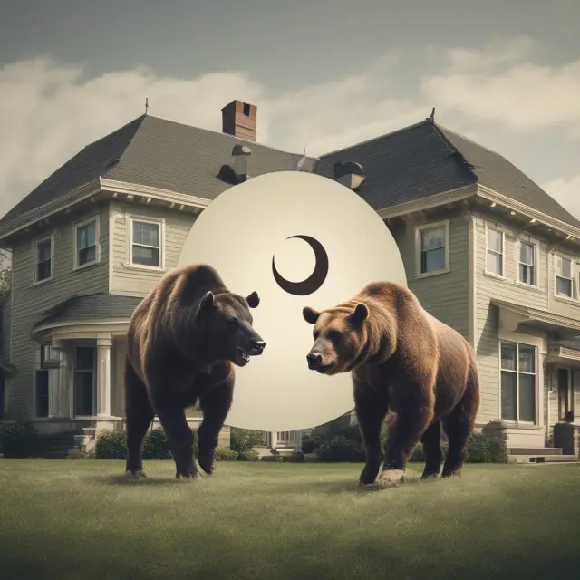 Bull and bear representing CMBS (commercial) and RMBS (residential) atop a yin-yang symbol, emphasizing their differences in risk profiles and structures.