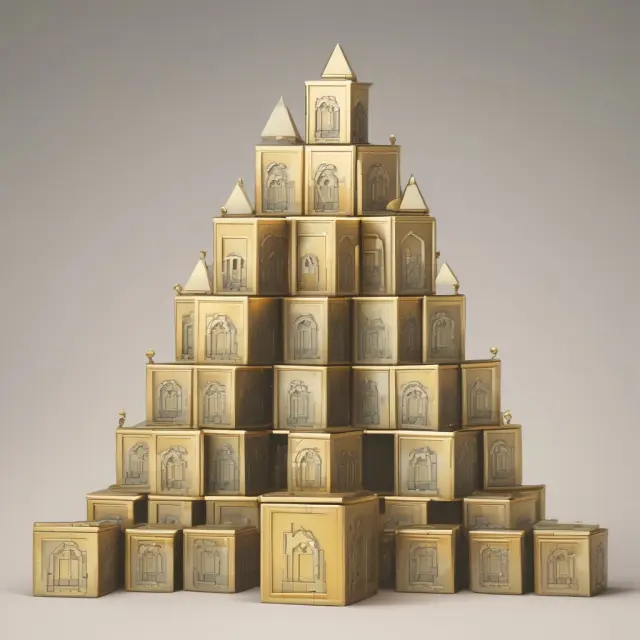 A golden assembly line produces collateralized mortgage obligation bricks, creating a stable and intricate pyramid structure