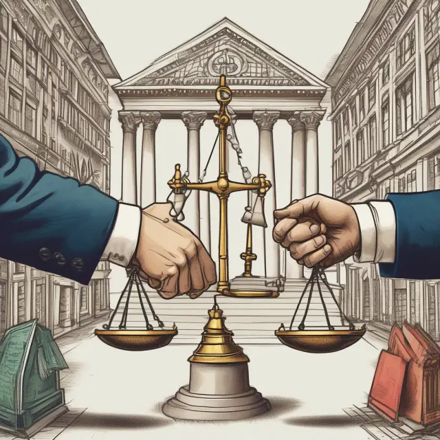Two figures shaking hands over property deeds on a balance scale, representing efficient negotiations based on the Coase Theorem