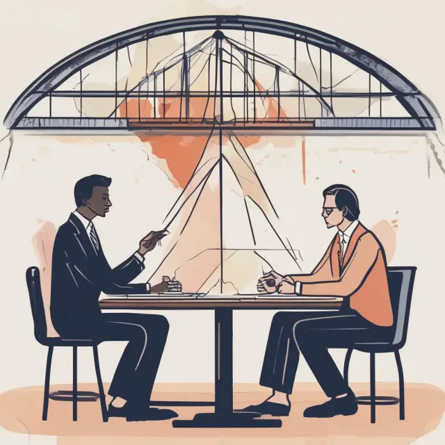 Image: Two parties in deep discussion over property rights under the Coase Theorem. Symbolic representation of rights connecting and bridging their divide.