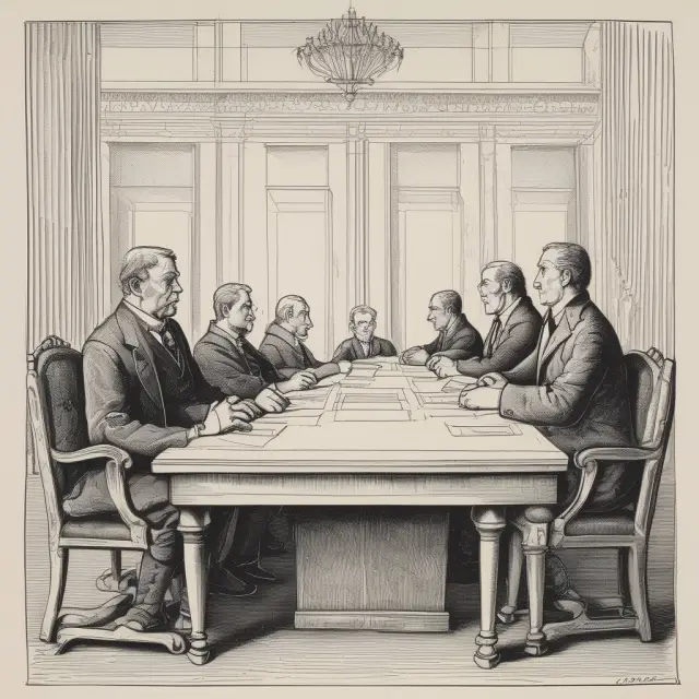 A bargaining table filled with symbols representing property rights and the Coase Theorem