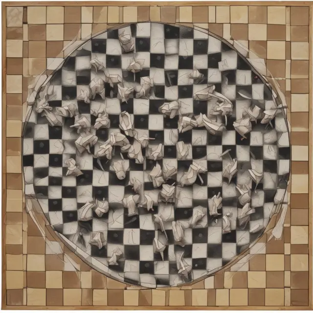 An elephant mosaic sits at a chessboard, symbolizing real-world disputes. Some elephants challenge the Coase Theorem