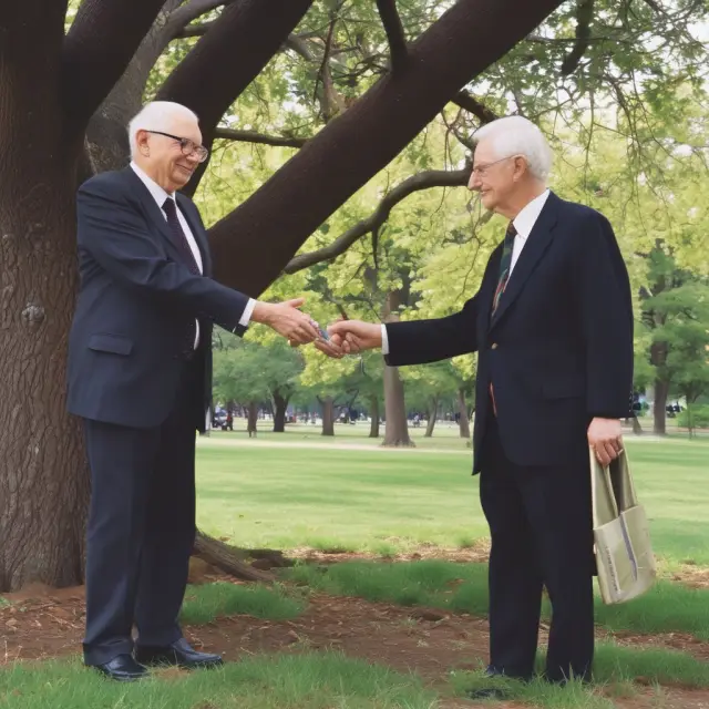 Ronald Coase shaking hands with an economist beneath a tree of knowledge, representing the significance and future research possibilities of the influential Coase Theorem.