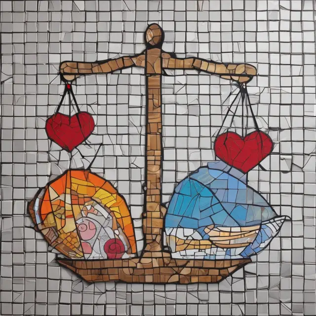 An image of interconnected pieces representing scales for balance, laws as pillars, and heart symbols embodying ethics.