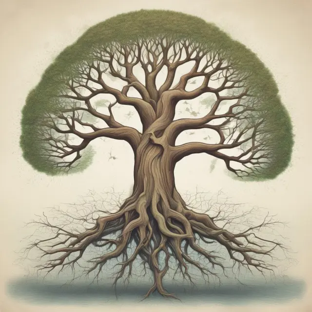 A tree with strong roots symbolizing business values, growing branches representing ethical principles