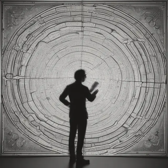 Scientist interpreting R-squared equation for market insights on a galaxy map