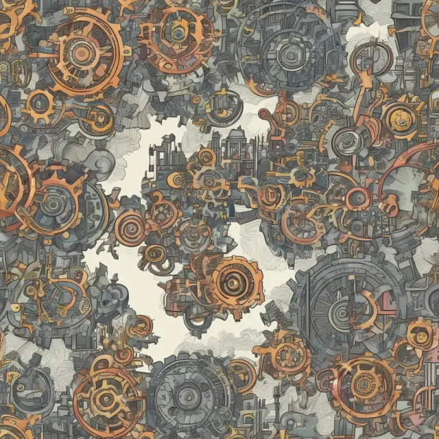 A scene contrasting traditional manufacturing landscapes filled with factories and inventories against modern, open service industry hubs symbolizing the absence of COGS.