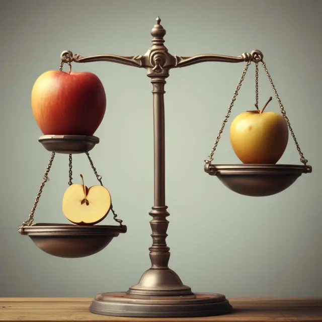 Golden apples as COGS counterbalanced by silver bars as revenue on a see-saw illustrating business profitability