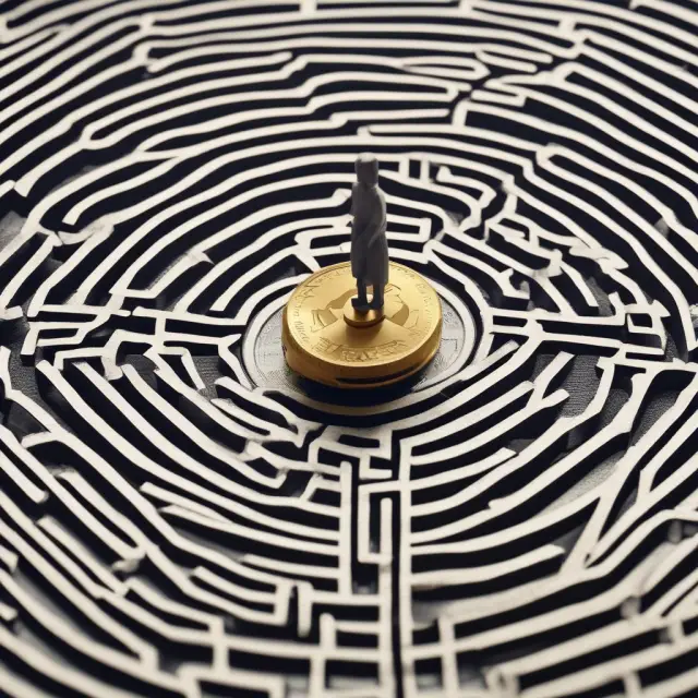 An image depicting a gold coin precariously balanced atop a complex, winding healthcare cost maze, representing the risk-reward nature of coinsurance.