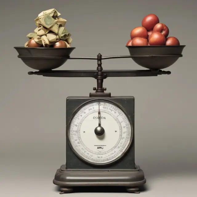 An urban wage earner holding a set of scales with the eight major CPI categories represented by weights. Inflation, symbolized by a shifting equilibrium, determines the COLA increase.