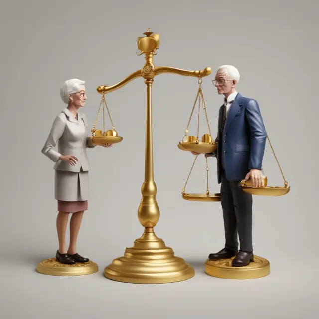 Golden scales tipping toward an elderly couple, reflecting Social Security