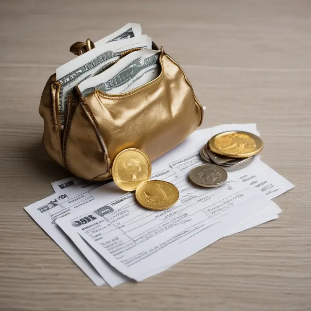 Golden purse overflowing with tax forms symbolizes complex tax implications of Social Security benefits with growing check representing COLA adjustments.