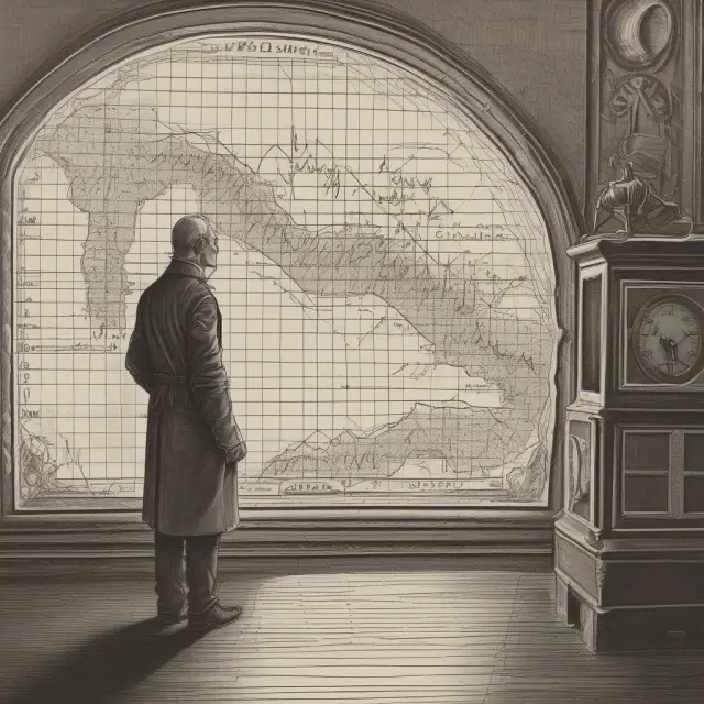 A person traveling through time holds up shields labeled