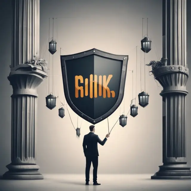 Investor using collar strategy with shield representing protection and stocks symbolizing risk management
