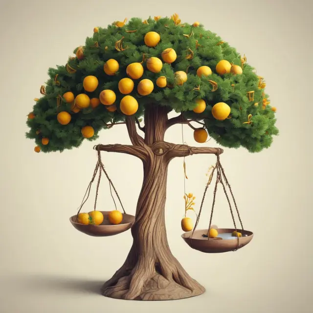 A scale balances a wealth tree with loan collateral roots and gold fruits. This image represents the process of obtaining collateralized personal loans.