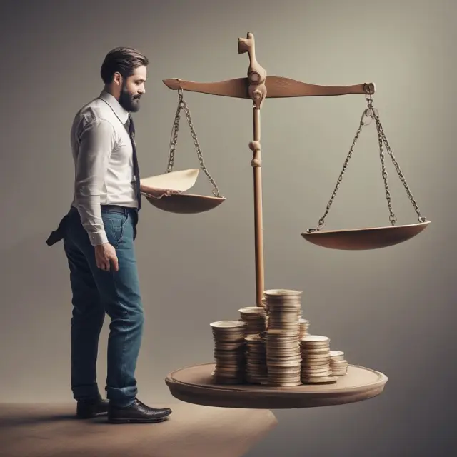 A borrower carefully weighs assets against the scales of debt, considering potential risks associated with collateralized loans
