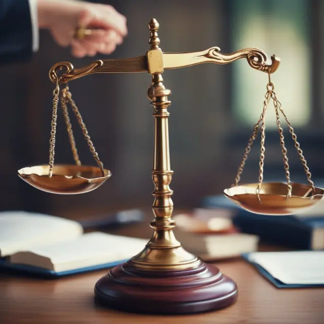 A lawyer meticulously balancing scales, with one pan filled with fair loan terms, and the other holding a stack of signed contract papers symbolizing liens.