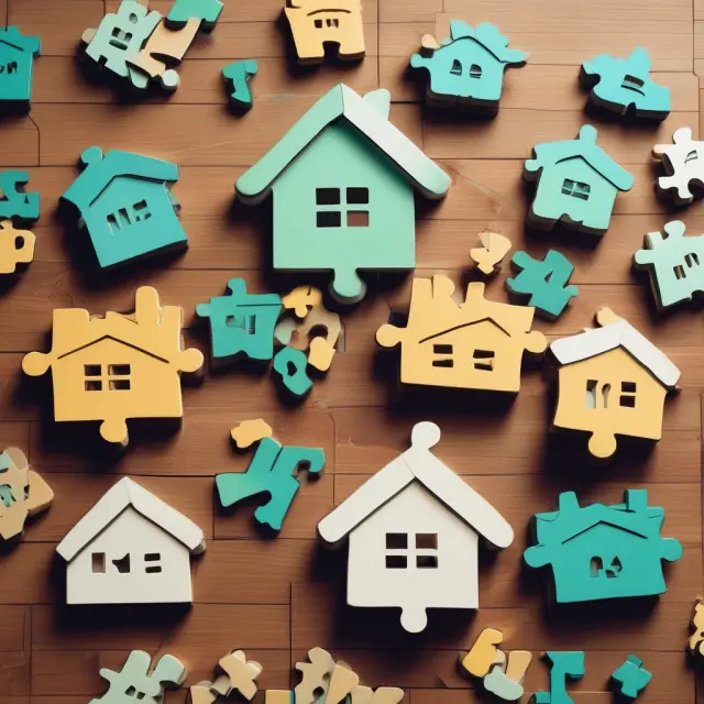 An intricate jigsaw puzzle of interlinked mortgage pieces and a property