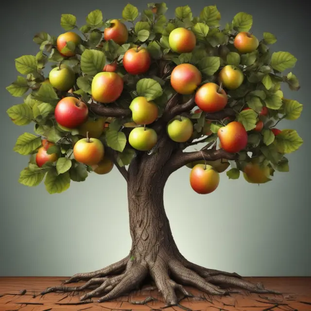 An ornate tree symbolizing business, bearing commerce apples and shedding trade leaves during exchange