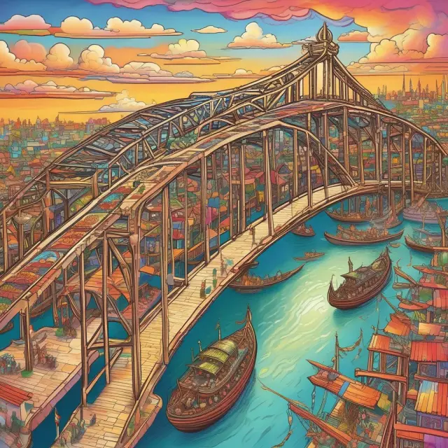 Image of a beautiful bridge linking various cultural landscapes, emphasizing commerce