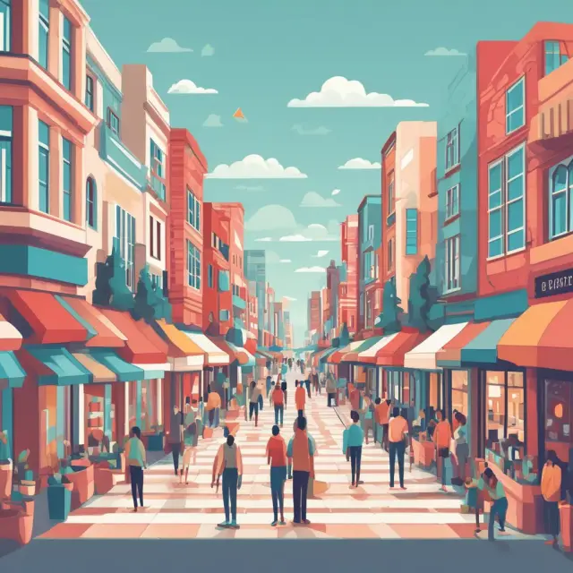 Vibrant mosaic showcasing interconnected marketplaces representing domestic, international, B2B, retail, and C2C commerce
