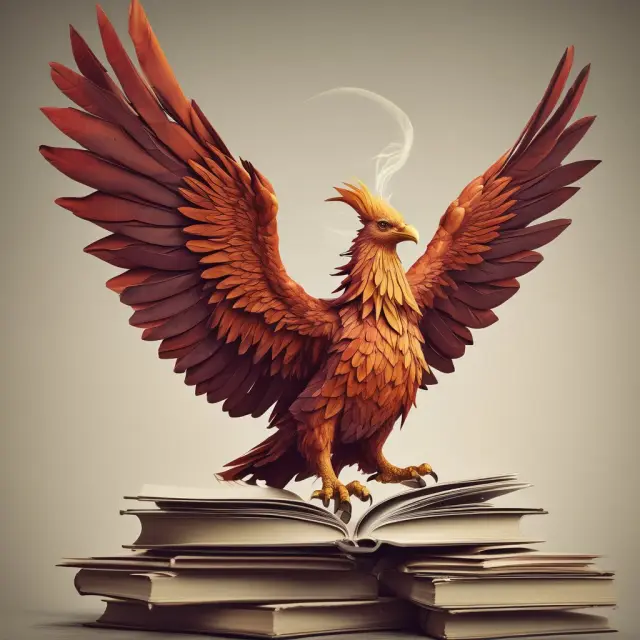 Phoenix rising from a pile of catalogs, illustrating the shift from traditional commerce to e-commerce.