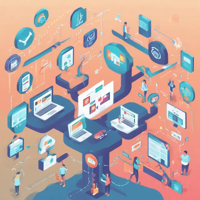 A vibrant digital ecosystem with three interconnected marketplaces symbolizing B2B, retail, and C2C e-commerce, fostering efficient transactions and growth