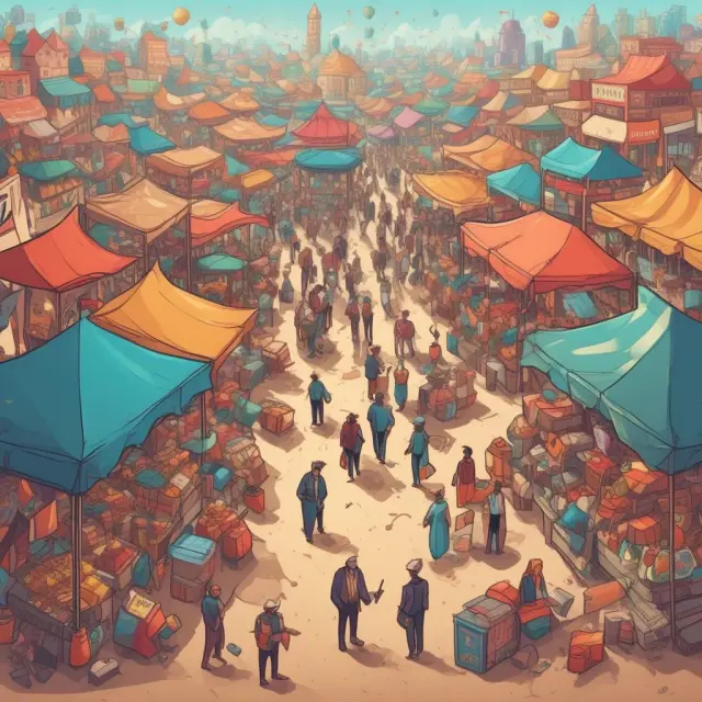Merchants symbolizing commerce and e-commerce trading goods in a digital marketplace