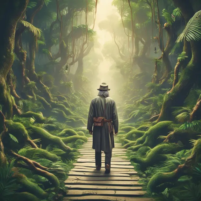 A business owner walks through a dense jungle filled with various lenders. An ancient sage (representing the Small Business Administration) appears, providing guidance and insightful advice.