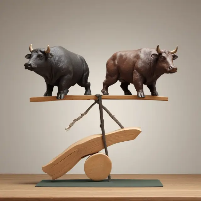 See-saw with prime rate bull and bear figures representing the fluctuation of loan interest rates. Business evaluating repayment terms.