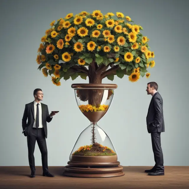 Businessman evaluating various loan options: short-term hourglass, long-term tree, and renewable sunflower.