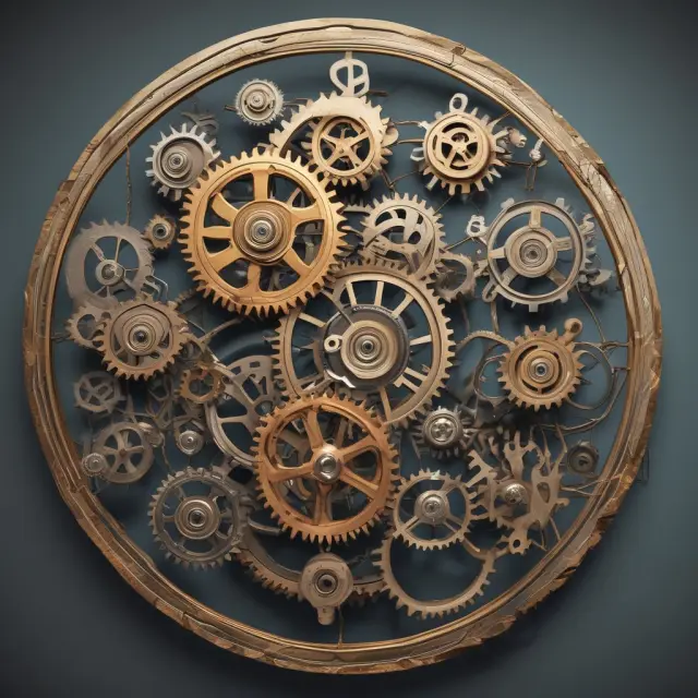 A meticulously crafted clockwork table with interconnected gears symbolizing various commercial loans: mortgages, term loans, lines of credit, invoice factoring, and equipment financing.