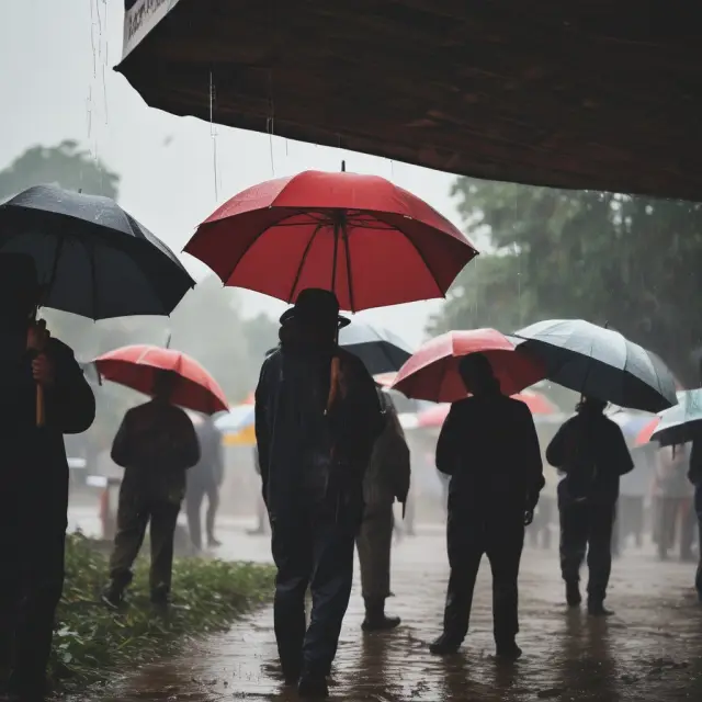 Farmers hedging risks at a futures exchange, with umbrellas sheltering crops against raindrop-shaped futures contracts