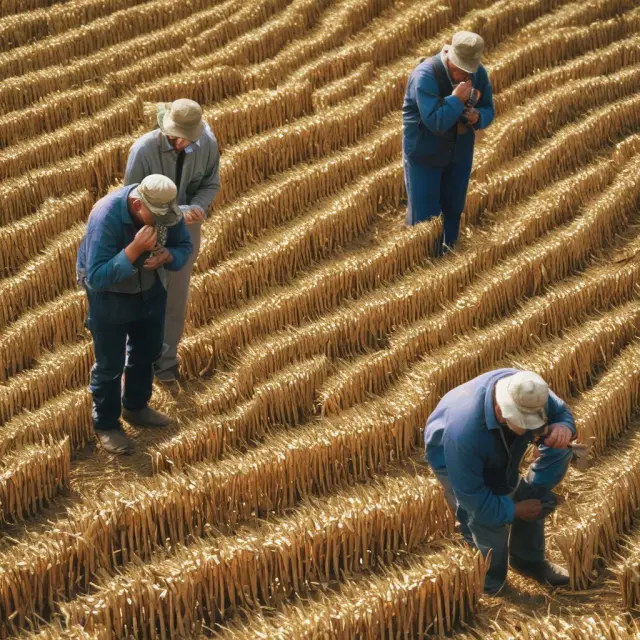 Commercial farmers engage in hedging using futures contracts while speculators wait for market trends. Image shows corn farming scene with farmers and a speculator.