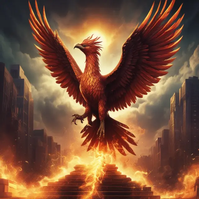 A mythical phoenix rising from flames, representing the rebirth and growth of commercial banking services.