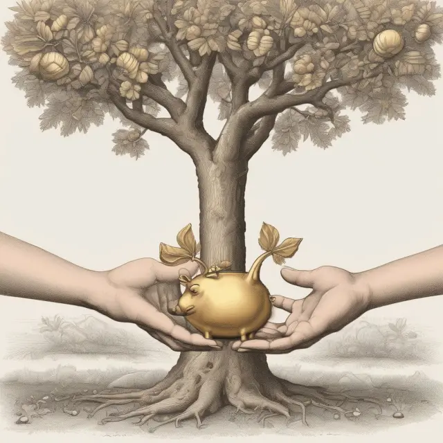 Two hands nurturing a golden acorn tree. One hand holds a piggy bank symbolizing a savings account, and the other cradles a time capsule representing CDs.