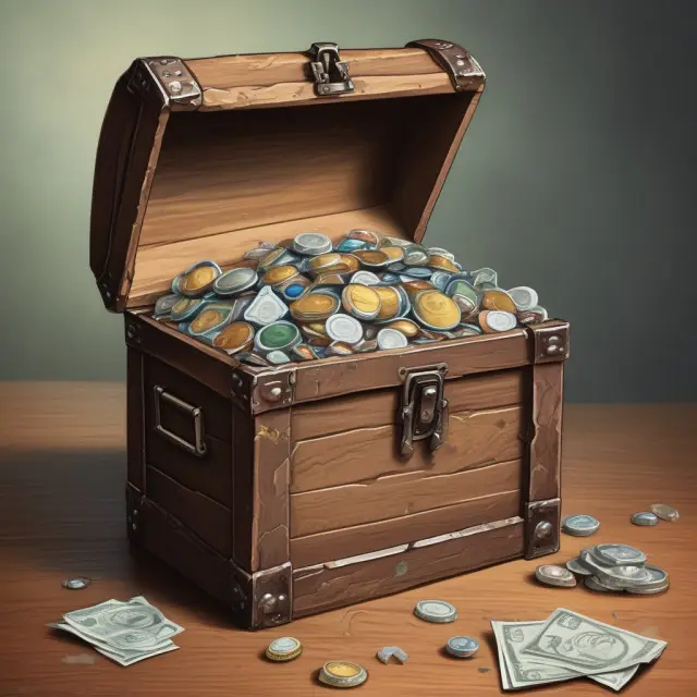 A commercial bank depicted as a treasure chest brimming with precious gems representing stocks, bonds, and mutual funds.
