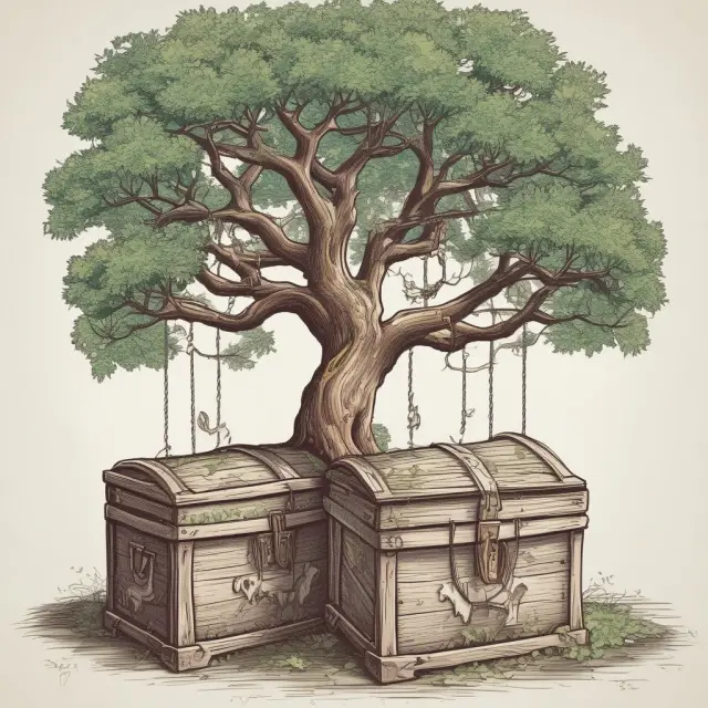 A tree with roots symbolizing commercial banks, offering branches of loans to individual consumers, contrasts with an investment bank fortress safeguarding a treasure chest for large corporations